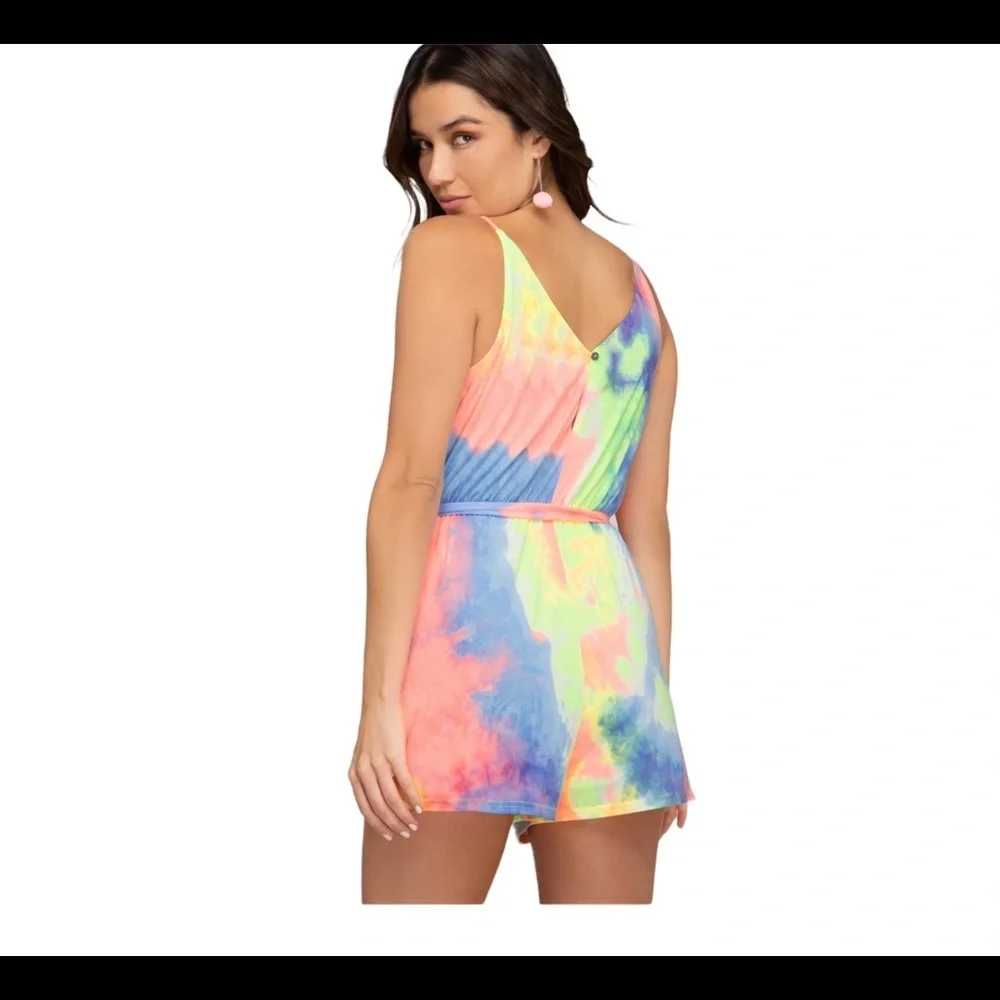 She+Sky womens size M Romper Jumpsuit shorts Boho Tie Dye sleeveless beach pink - Picture 3 of 12